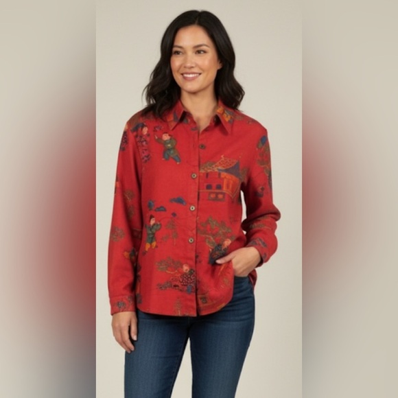 CHICO'S Red Faux Suede Chinese Scene Long Sleeve Blouse Jacket Sz 1 or Small - Picture 1 of 8